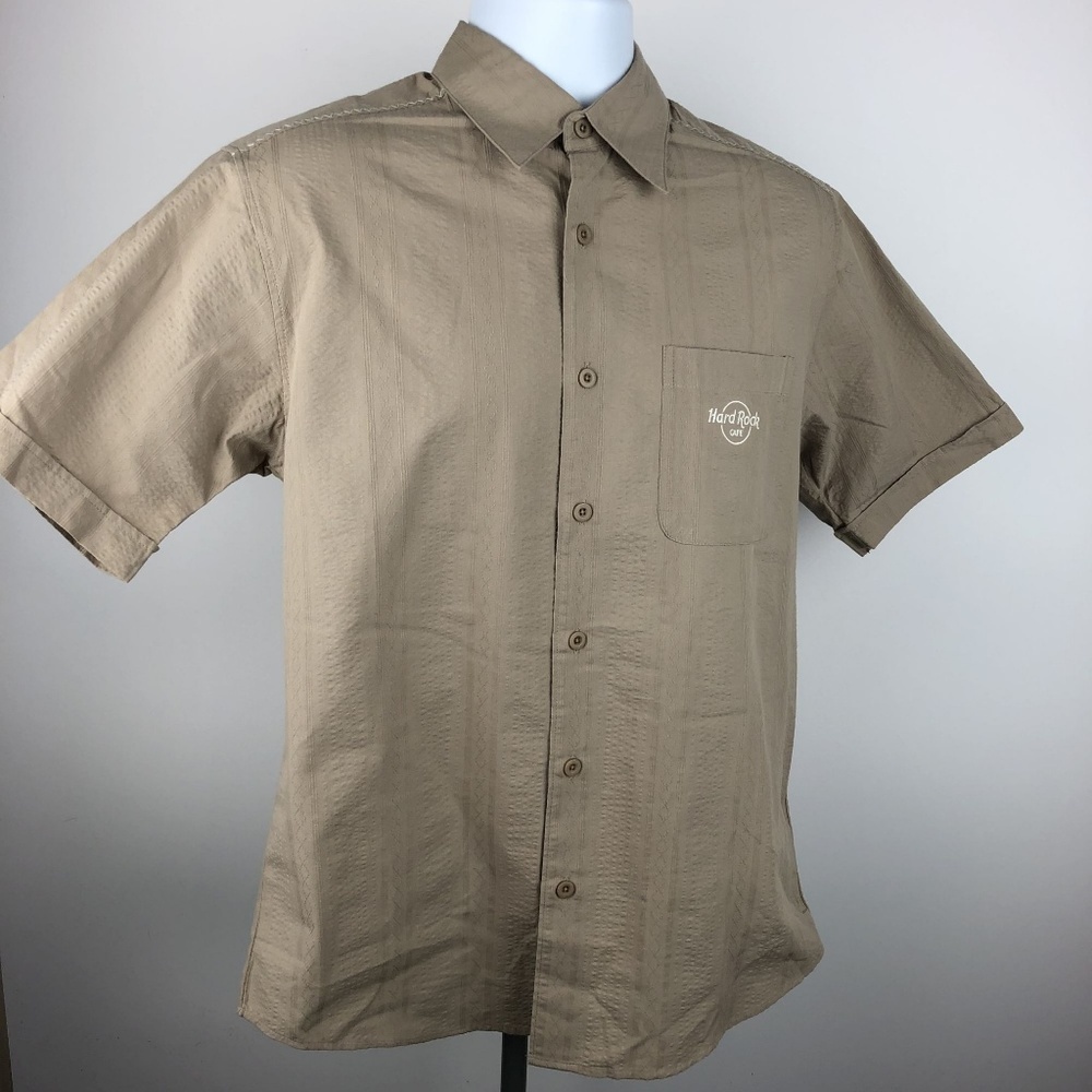 Hard Rock Cafe Men’s Button Up Shirt Size S Tan DQ21